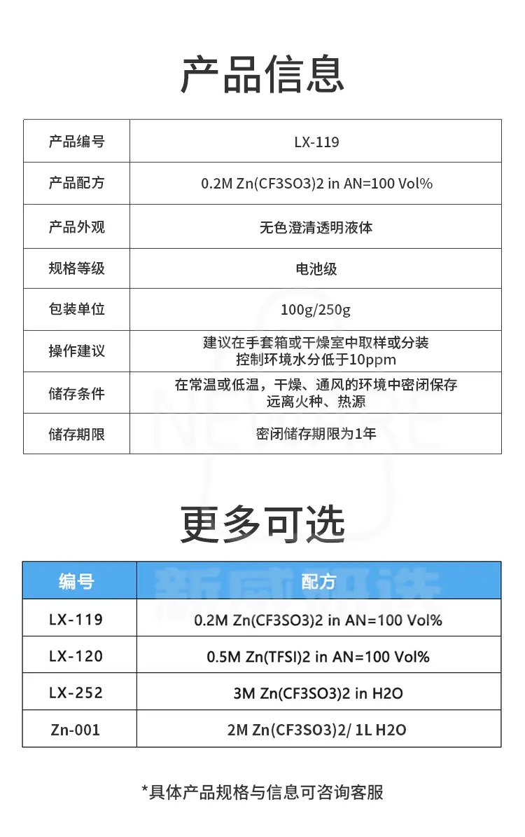 锌离子电池电解液的产品参数